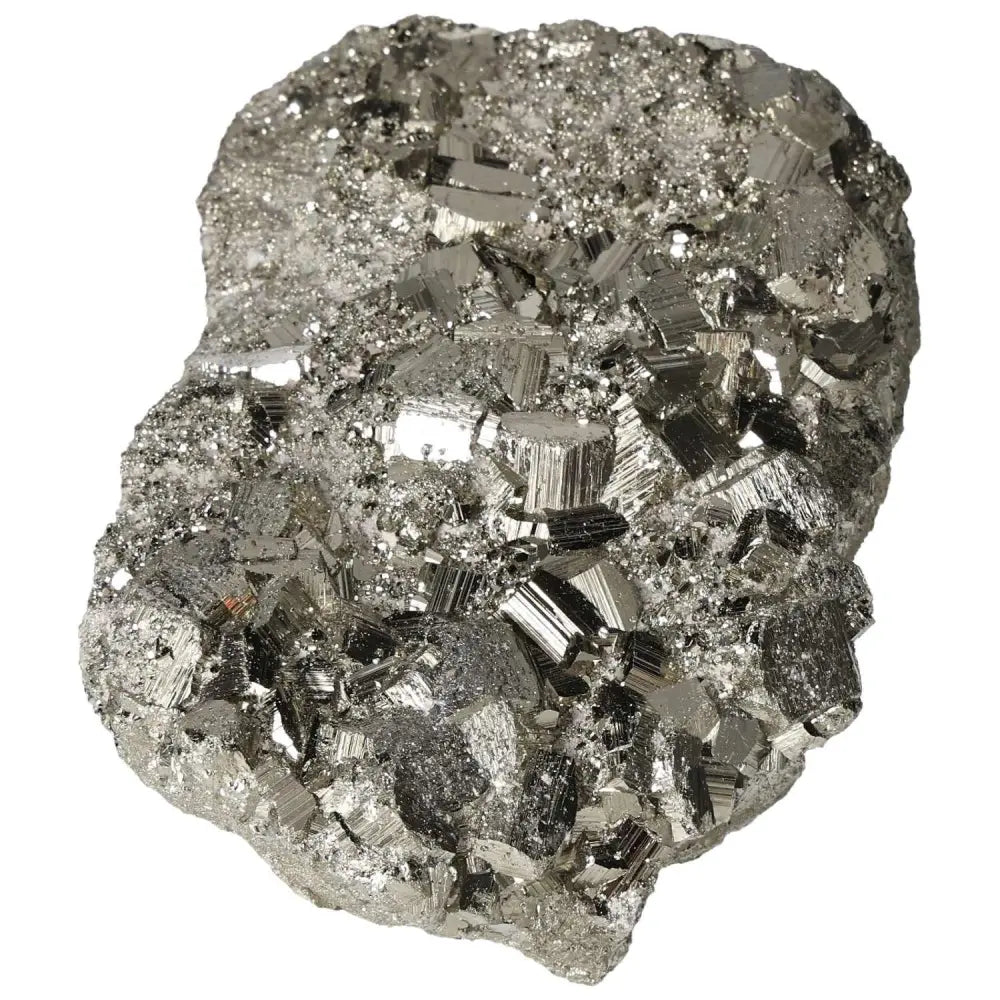 Superior Quality Pyrite Cluster with geometric metallic luster and cubic formations, ideal for collectors and mineral enthusiasts.