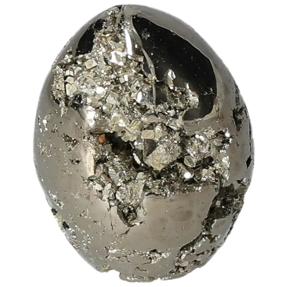 Superior Quality Pyrite Egg with geometric formations and metallic luster, showcasing natural pyrite elegance in sculptural detail.