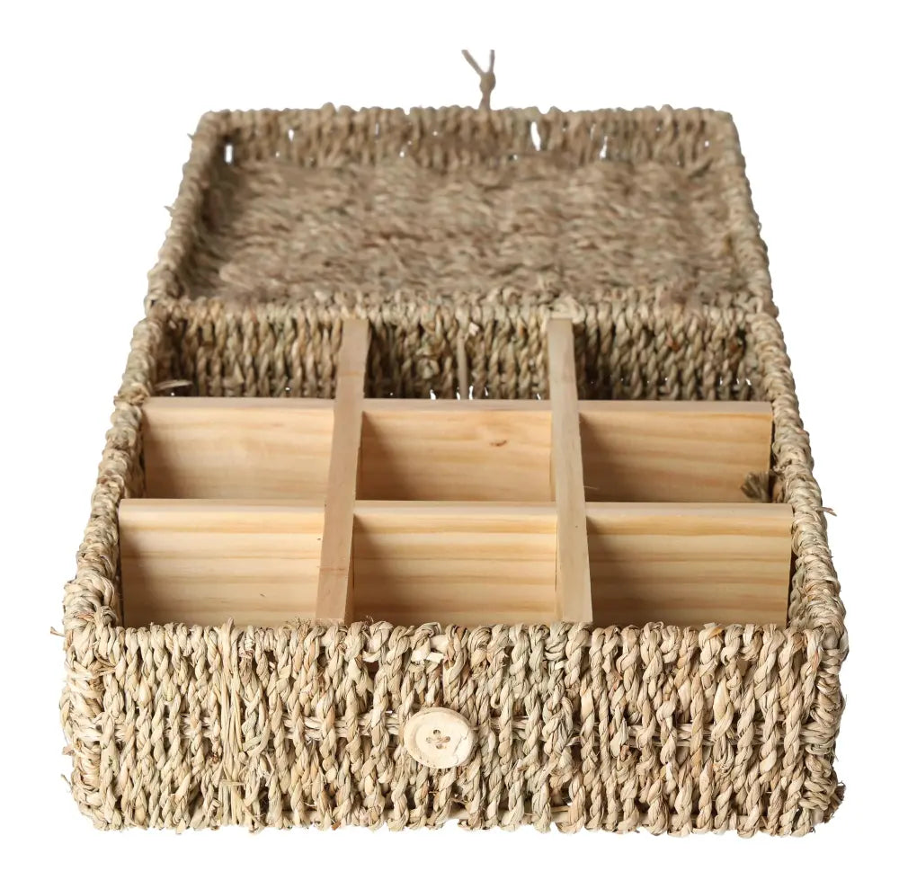 Elegant Tea Box Guadalupe 23 cm with woven design and wooden compartments, from Sylvia Crystals collection.