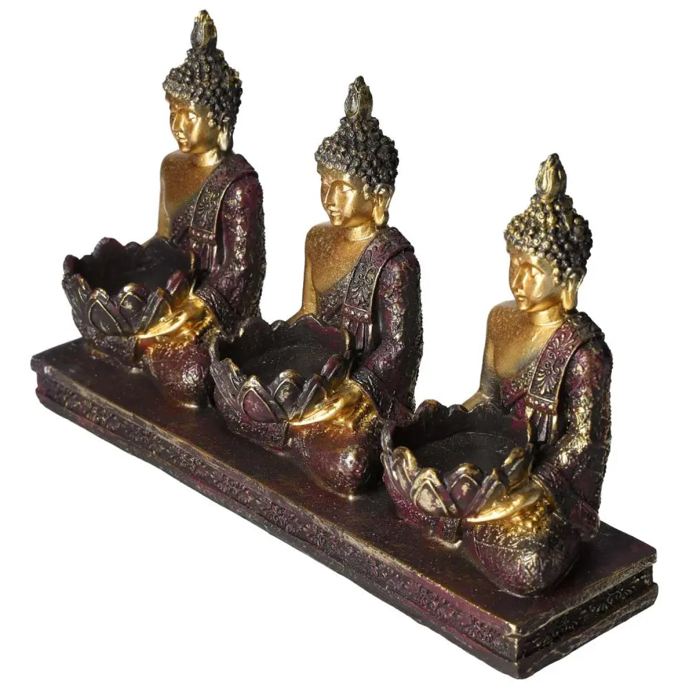 Elegant Tealight Holder Buddha trio by Sylvia Crystals showcasing intricate divine geometry, perfect for spiritual and luxury home decor.