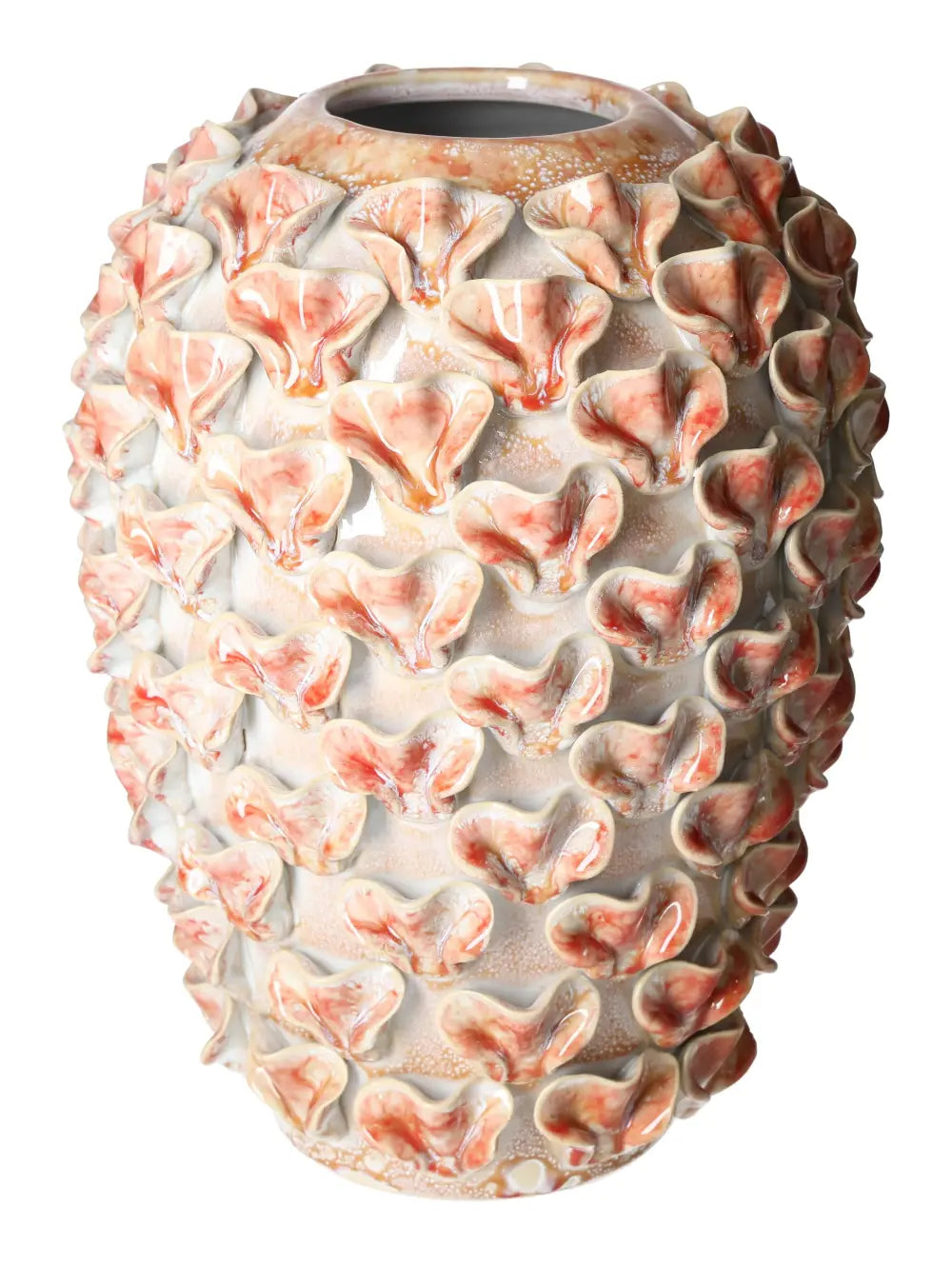 Terra cotta style vase with textured floral design, measuring 23x23x30.5 cm from Sylvia Crystals, blending elegance and rustic charm.