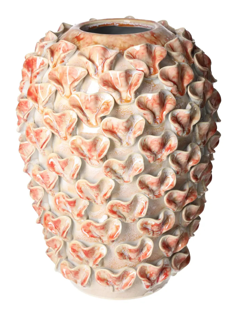 Elegant Terra Cotta Style Vase 23x23x30,5 with intricate flower-like texture, showcasing rustic charm and spiritual aesthetics.