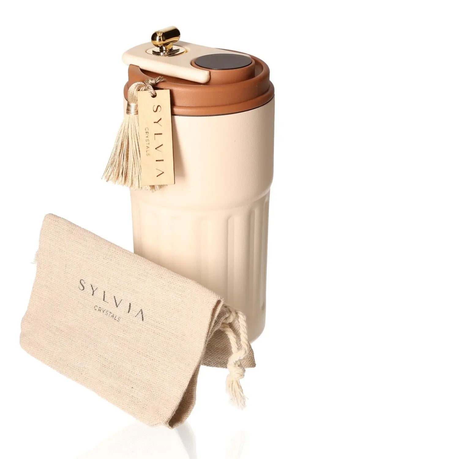 Elegant thermal mug with temperature-monitoring LED display, alongside a stylish carrying pouch, perfect for hot and cold beverages.