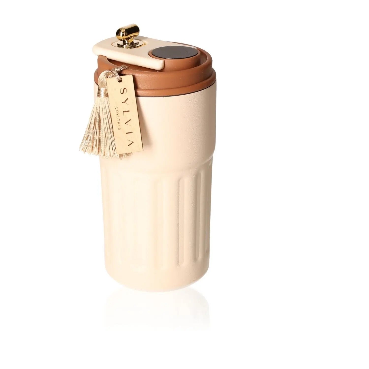 450ml thermal mug with temperature-monitoring LED display, featuring a stylish beige and brown design, perfect for hot and cold beverages.