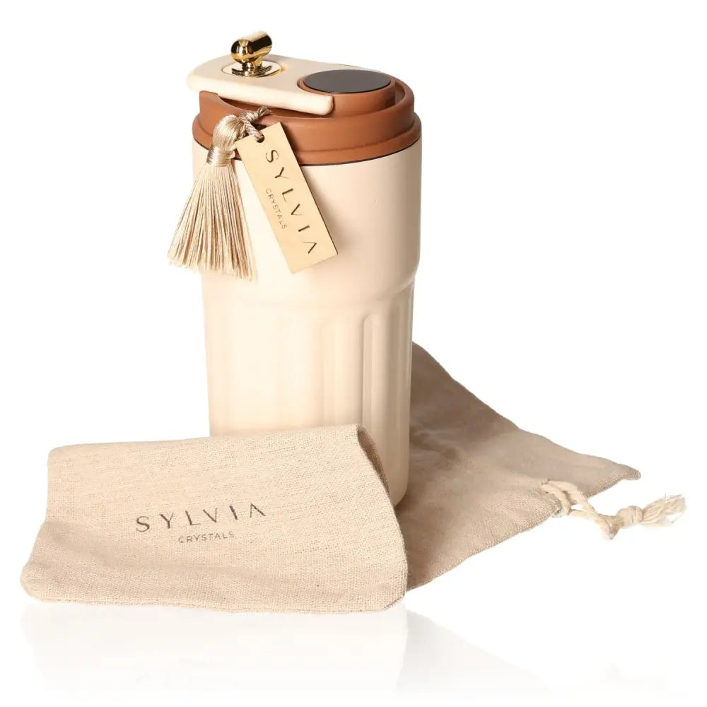 Elegant 450ml thermal mug with temperature display and stylish design, ideal for hot or cold beverages, shown with branded pouch.