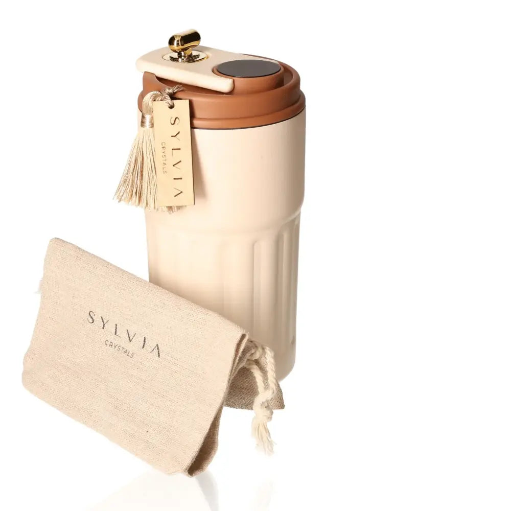 Stylish 450ml thermal mug with temperature-monitoring LED display, beige with brown lid, and branded carry pouch.