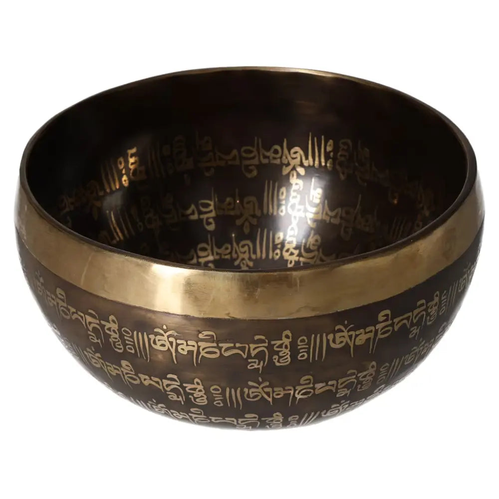Tibetan Healing Engraved Bowl with Mantra, 16 cm, featuring intricate traditional designs and spiritual engravings.