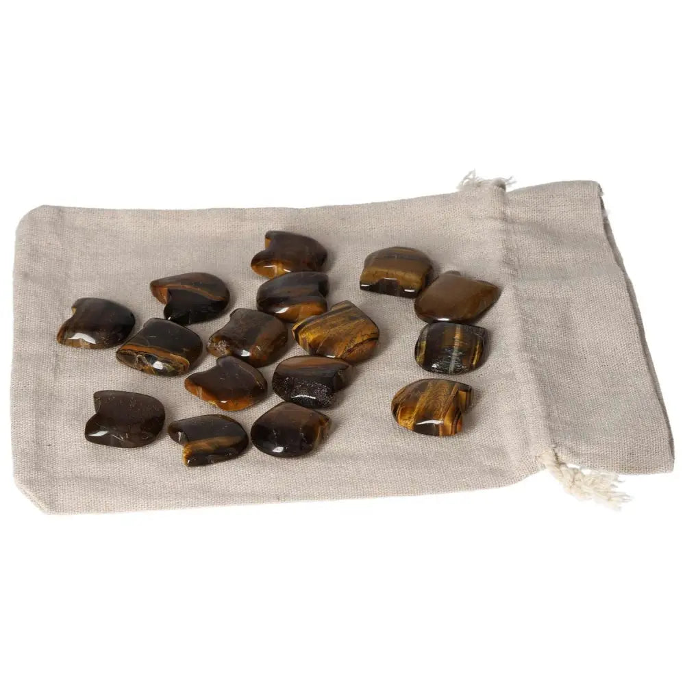 Tiger's Eye small stones in a cloth bag, enhancing joy, clarity, focus, and wealth management, ideal for emotional stability.