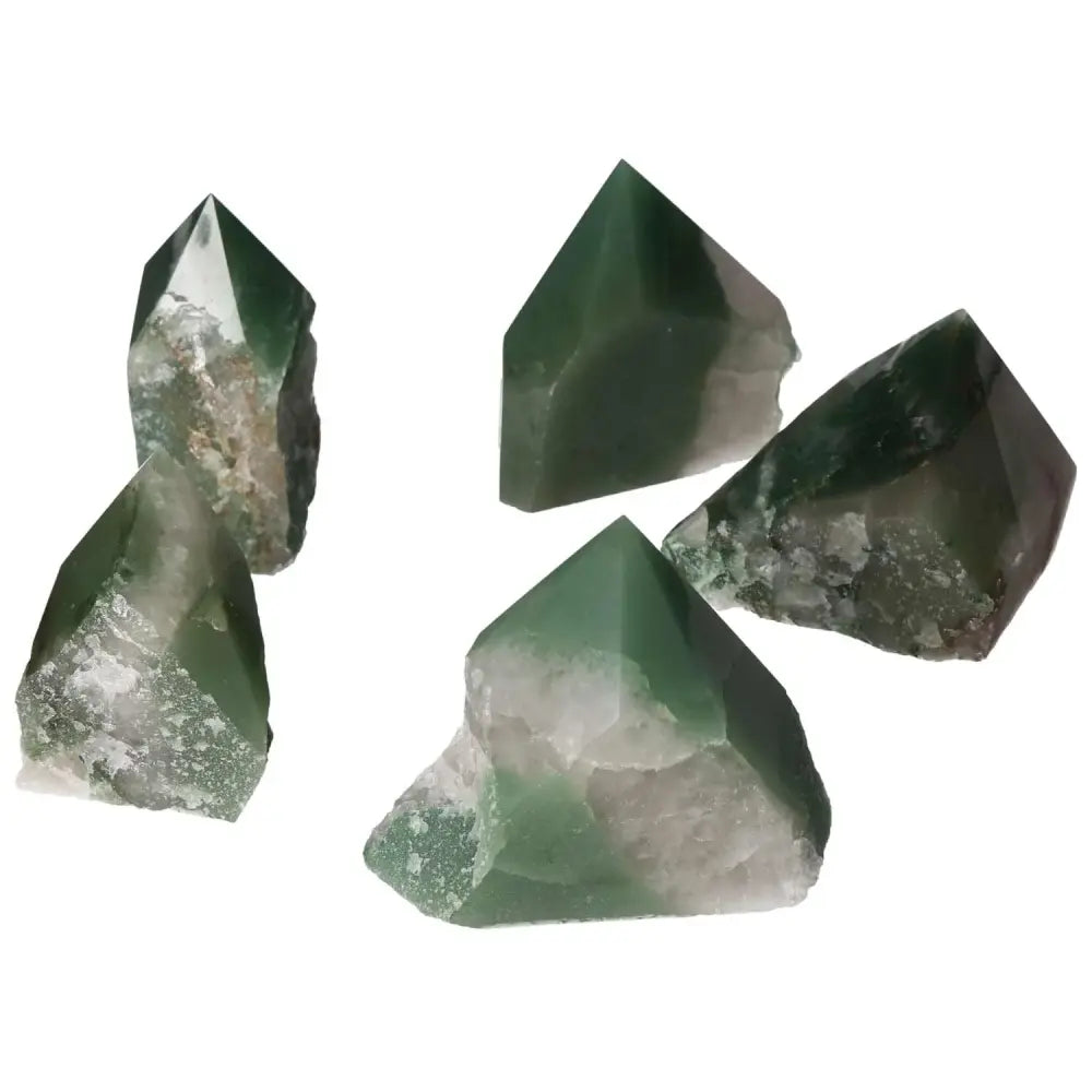 Top Polished Point Green Quartz Bi-Color M gemstone with polished green hues from Sylvia Crystals, showcasing sophisticated allure.