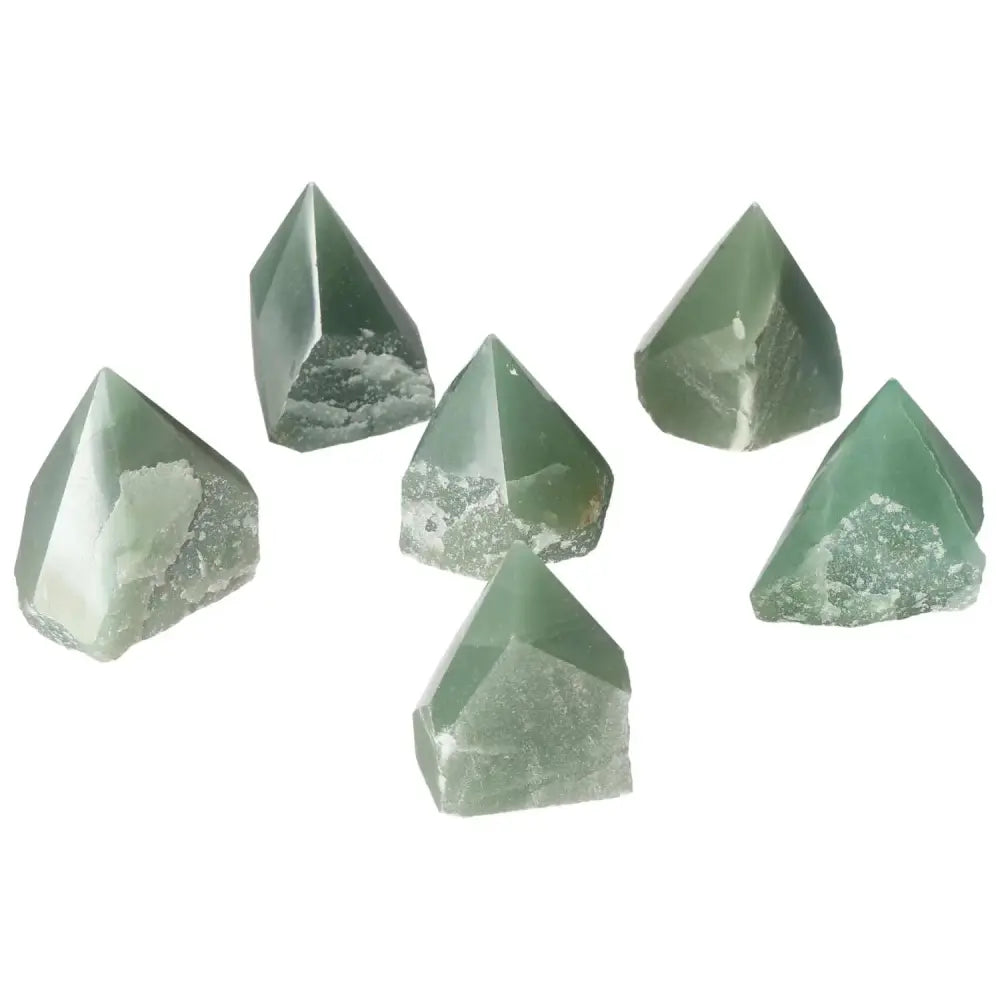 Set of six Top Polished Point Green Quartz XS from Sylvia Crystals, showcasing their premium quality and spiritual beauty.