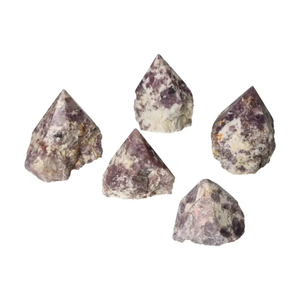 Top Polished Point Lepidolite gemstones from Sylvia Crystals showcasing calming properties and exquisite beauty.