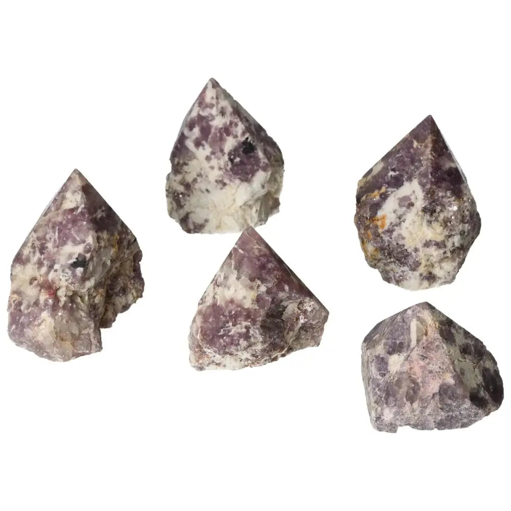 Polished lepidolite points with calming properties from Sylvia Crystals, showcasing premium quality and exquisite beauty.