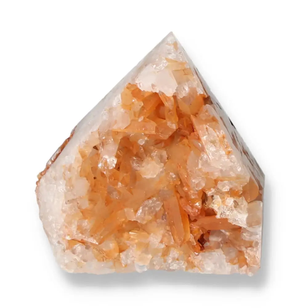 Top Polished Point Quartz Tangerine crystal, showcasing a radiant tangerine hue, from Sylvia Crystals collection for luxury and purpose.