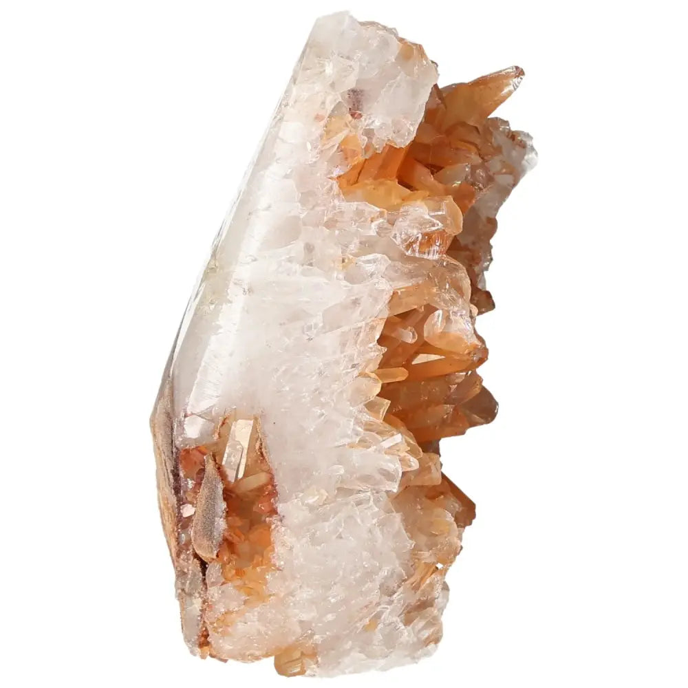 Top Polished Point Quartz Tangerine crystal from Sylvia Crystals, showcasing its radiant hue and elegant craftsmanship.