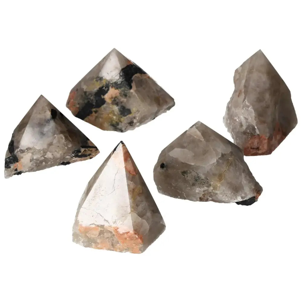 Top Polished Point Quartz with Tourmaline M by Sylvia Crystals, showcasing clear quartz and black tourmaline inclusions.