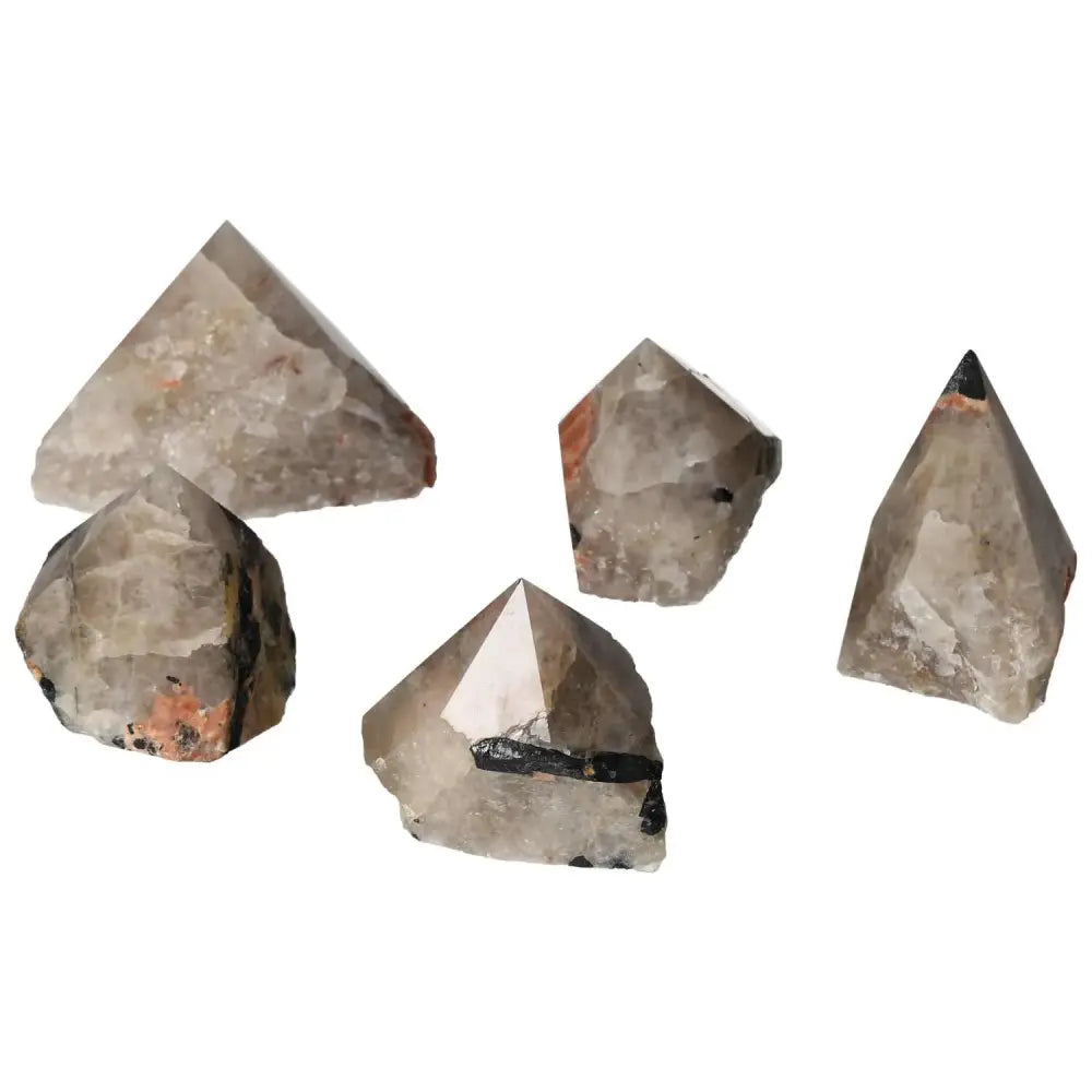 Top Polished Point Quartz with Tourmaline M featuring clear quartz and black tourmaline inclusions. Elegance and spiritual depth.