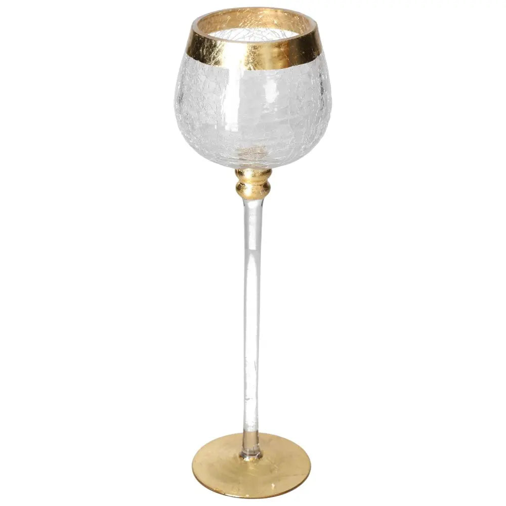 Elegant translucent goblet with gold decorative elements, featuring a long stem and textured bowl, designed by Sylvia Crystals.
