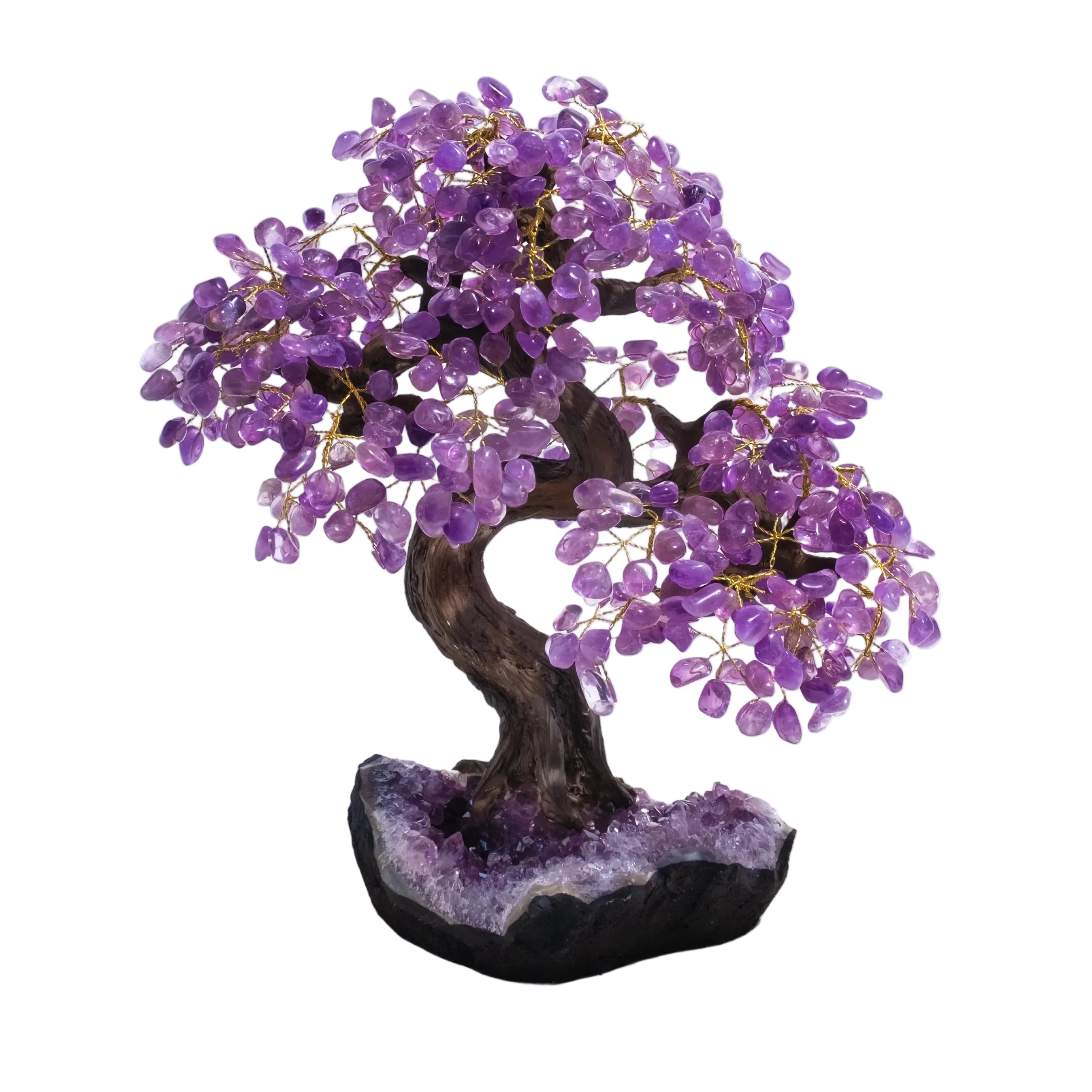 Tumbled Amethyst Crystal Bonsai Tree on stone base, 55 cm. Features genuine gemstones for calming energy and spiritual harmony.