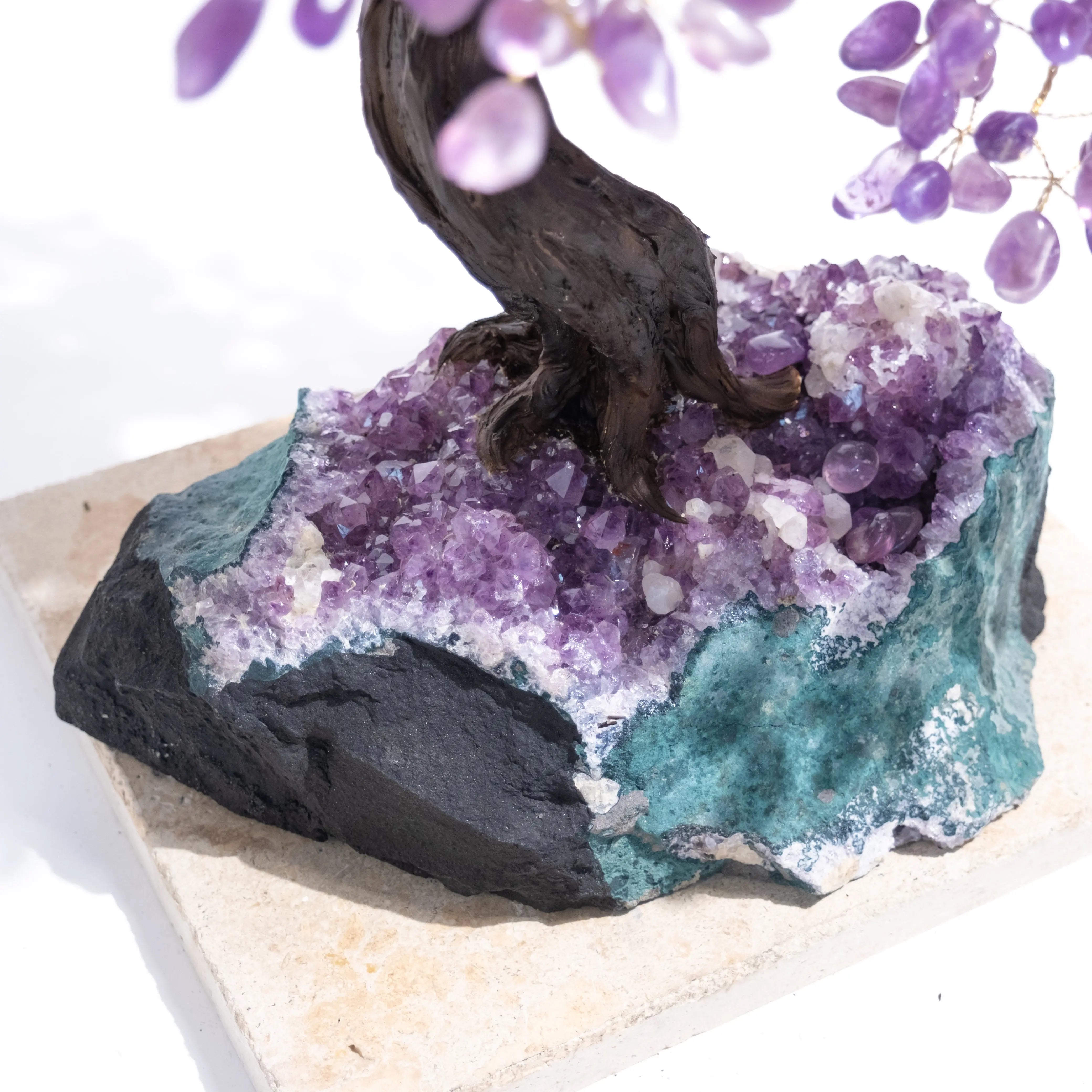 Amethyst Crystal Bonsai Tree with gemstone leaves on natural rock base