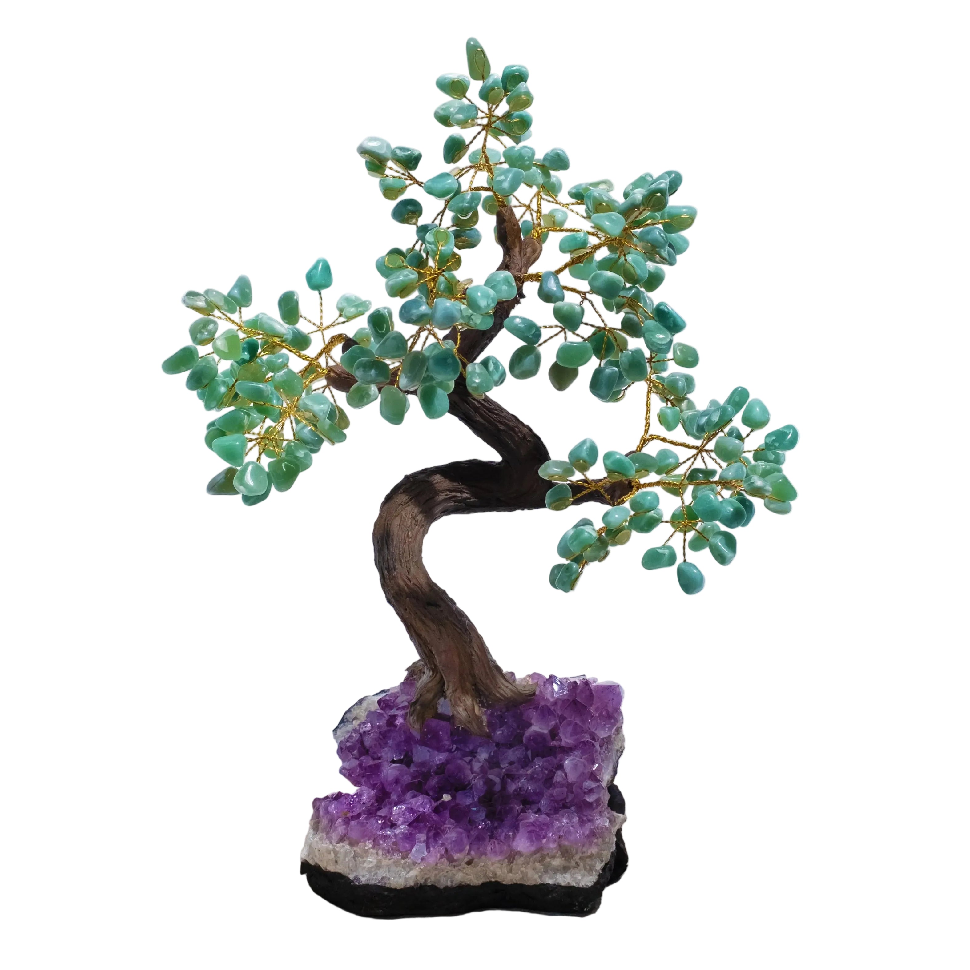 Aventurine crystal bonsai tree on amethyst base, symbolizing prosperity, harmony, and positive energy, 45cm tall.