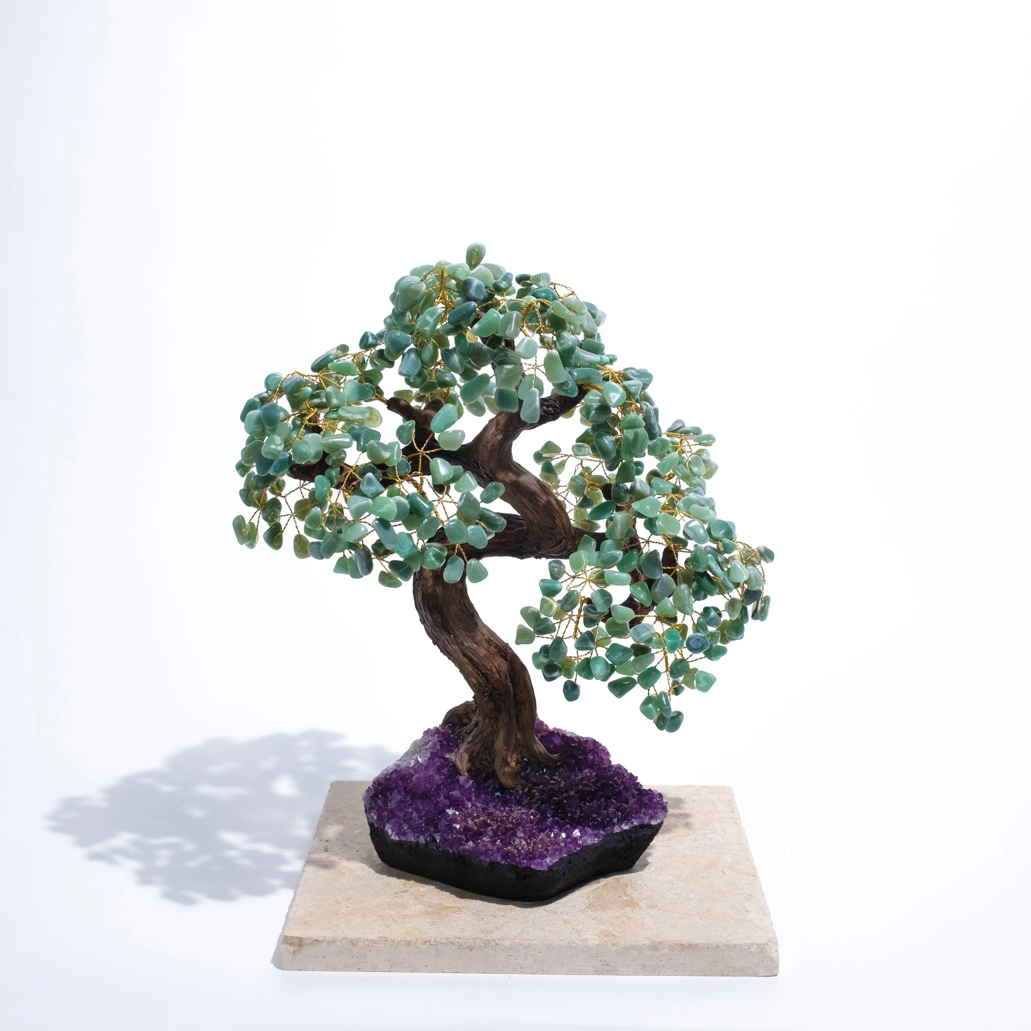 Tumbled Aventurine Crystal Bonsai Tree on Amethyst Base, 55cm tall, symbolizing prosperity and harmony with green aventurine leaves.