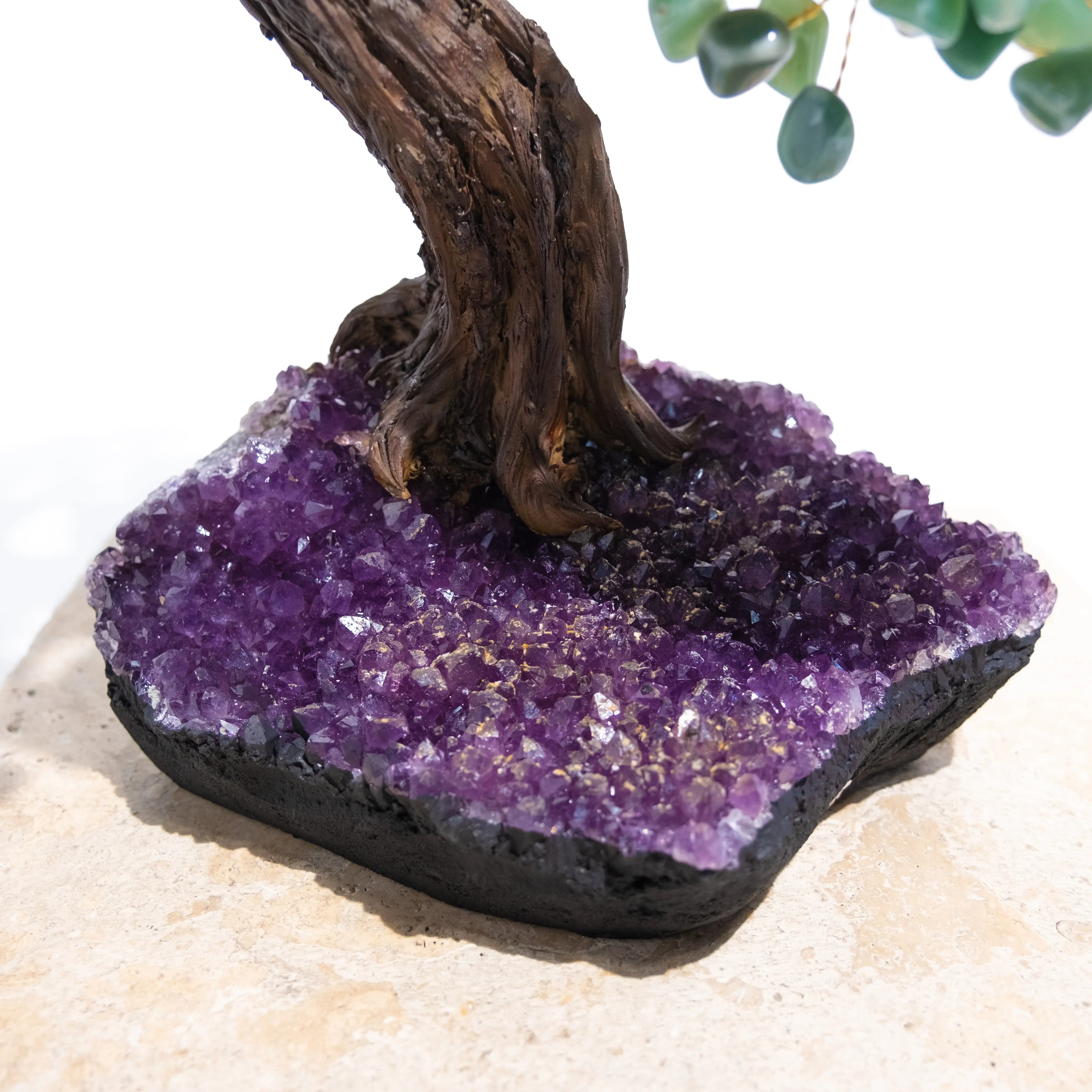 Close-up of Tumbled Aventurine Tree base with amethyst crystals, symbolizing prosperity, harmony, positive energy, and growth.
