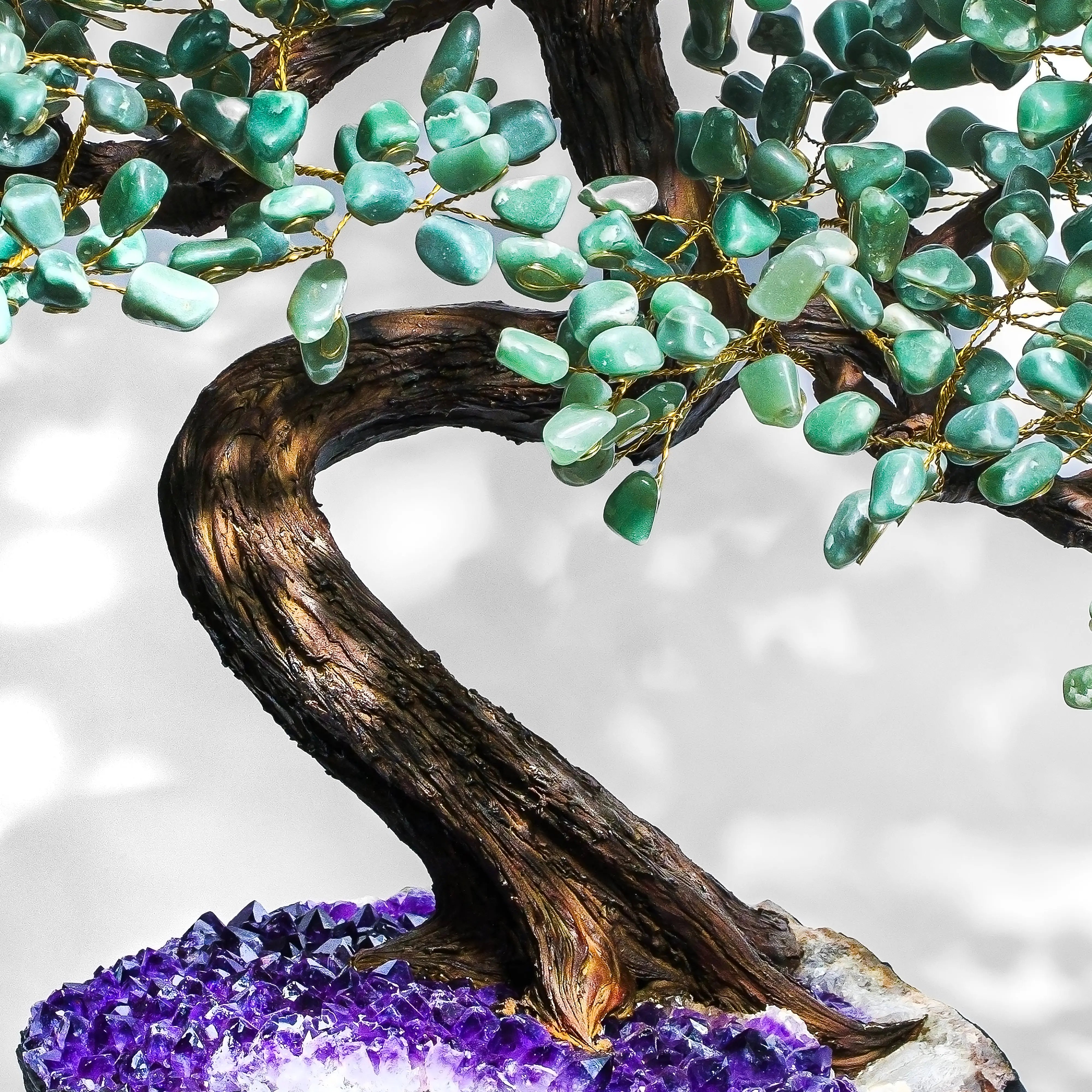 Elegant Aventurine Crystal Bonsai Tree for prosperity and harmony, featuring green crystal leaves and a textured trunk. 65cm tall.