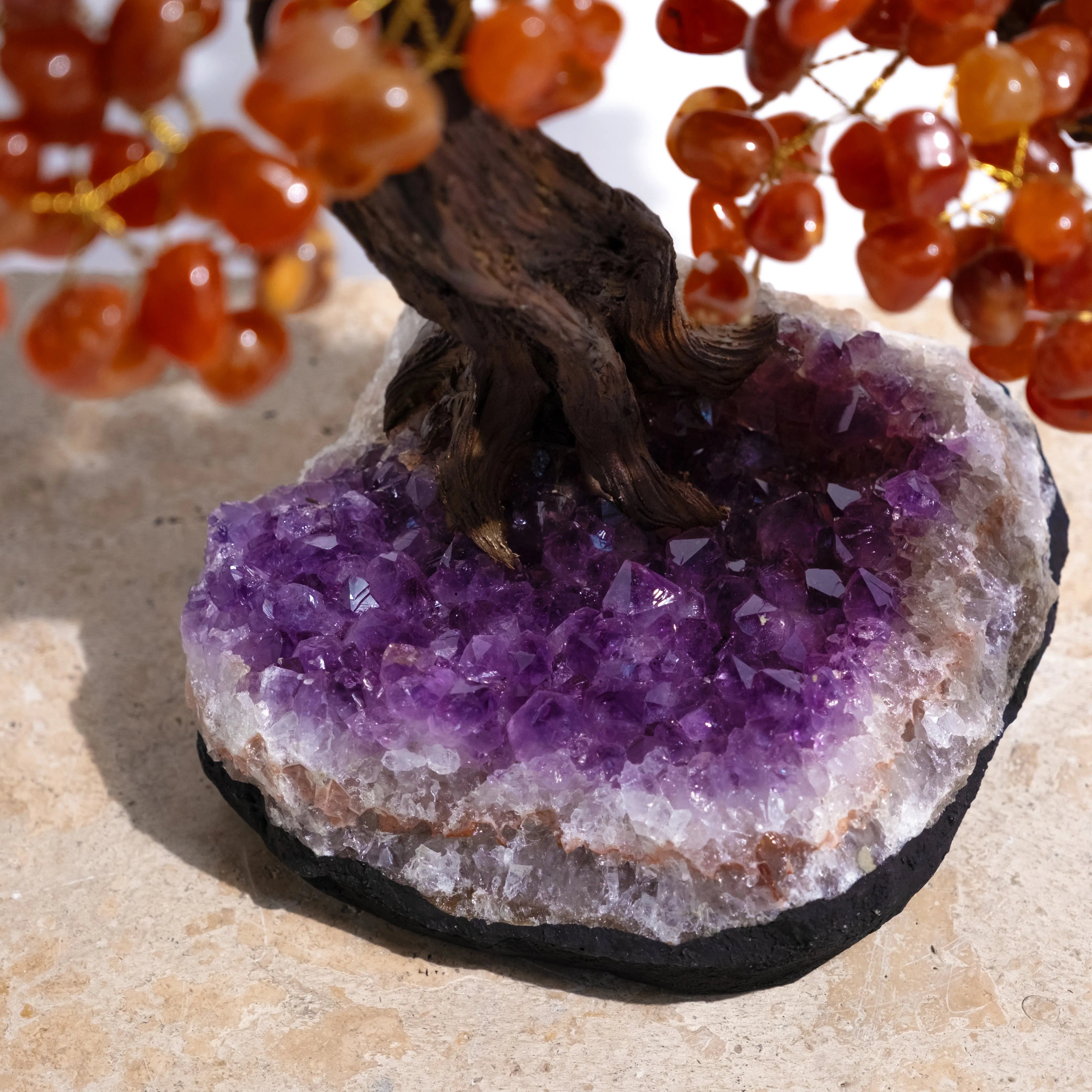 Tumbled Carnelian Bonsai Tree with amethyst crystal base for creativity and positive energy