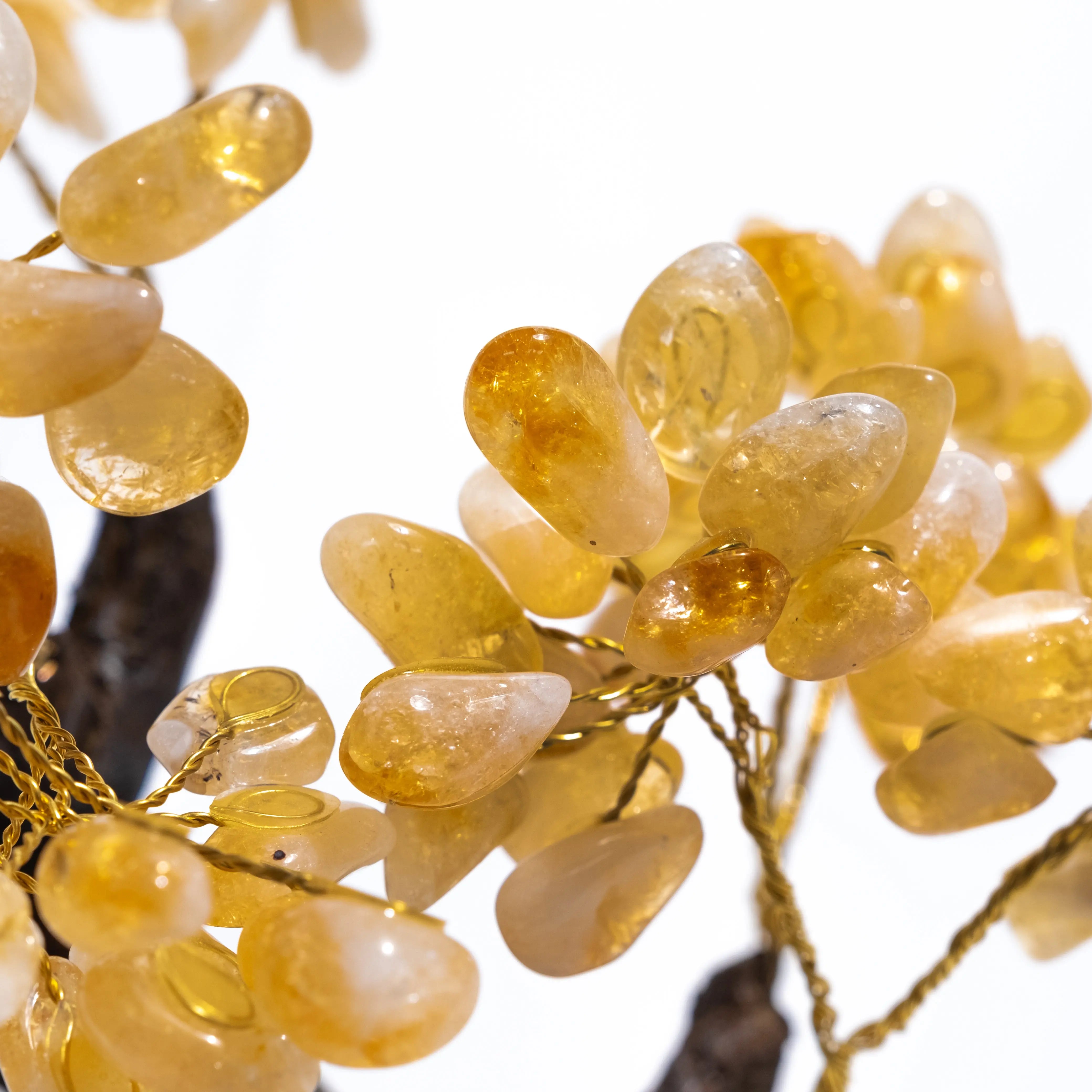Close-up of tumbled citrine gemstones on a 40cm Bonsai tree, symbolizing prosperity, abundance, and positive energy.