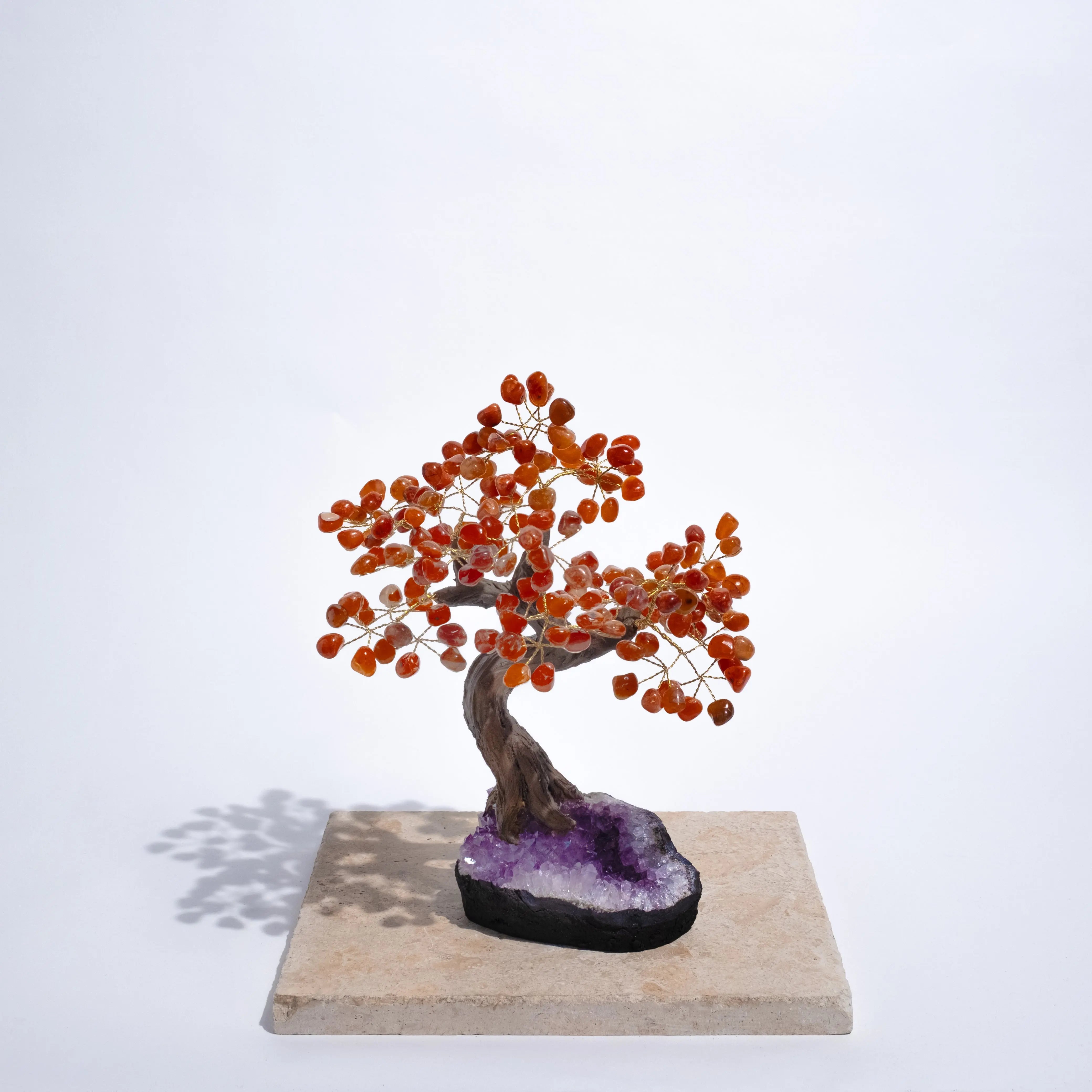 Tumbled Carnelian Bonsai Tree with polished gemstones on a stone base, symbolizing confidence and creativity, 40 cm tall.