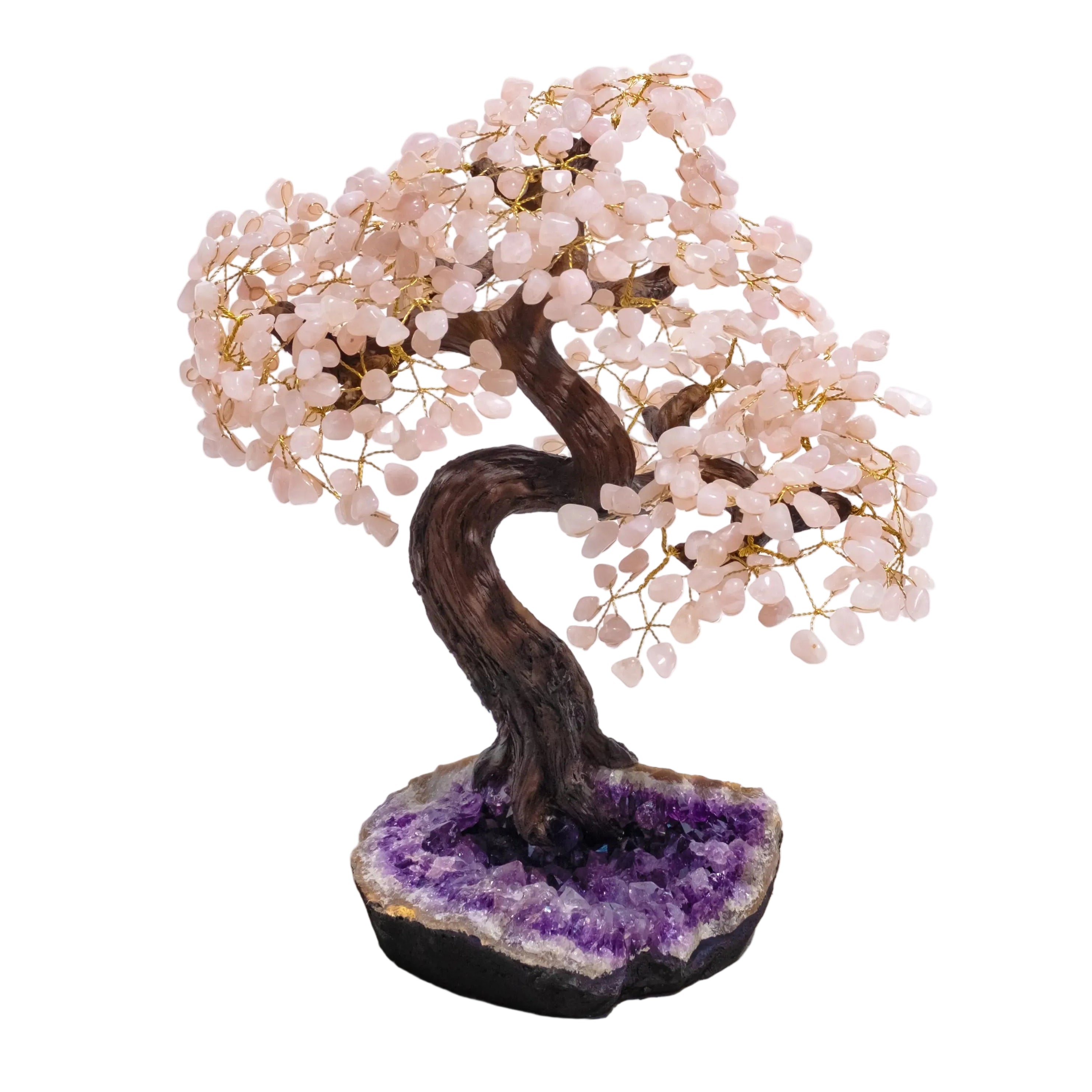 Tumbled Quartz Tree on Square Base, 55cm, Decorative Crystal Bonsai with Pink Gemstones and Purple Base for Positive Energy and Balance