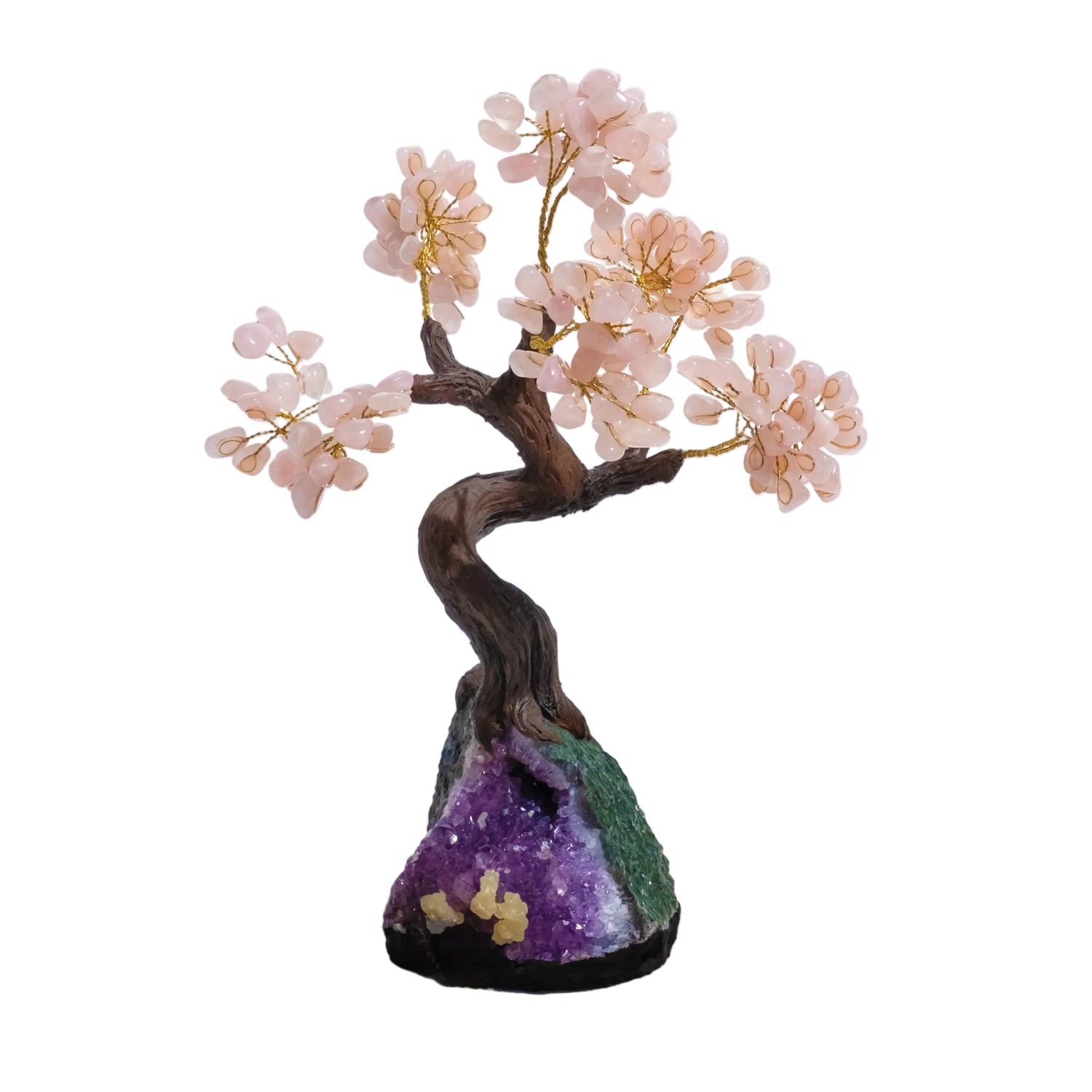 Elegant tumbled rose quartz tree 40cm on a stone base, symbolizing prosperity and positive energy with delicate pink gemstones.