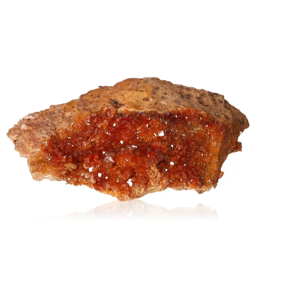 Vivid red-orange vanadinite druze crystal showcasing unique formations, ideal for enhancing focus and creativity.