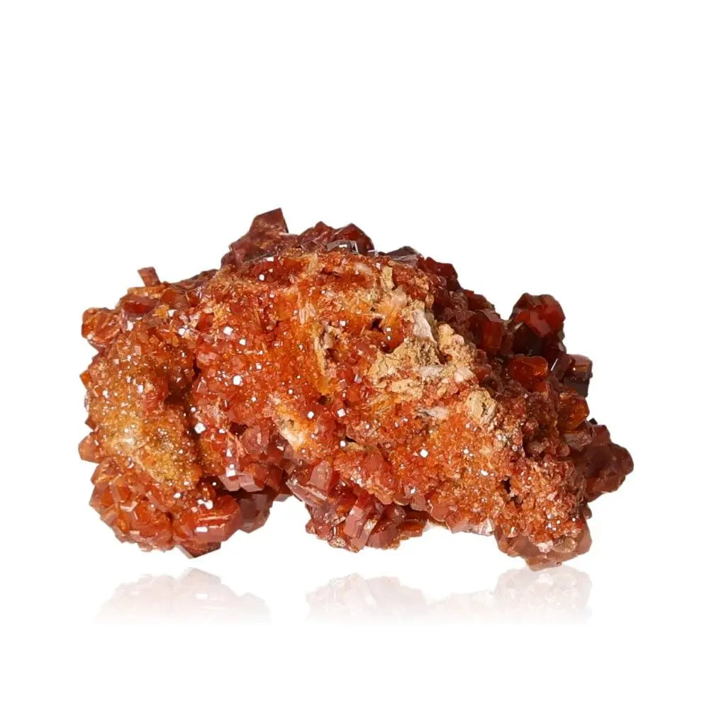 Vibrant red-orange Vanadinite druzy crystal, known for enhancing focus and creativity, perfect for collectors and creatives.