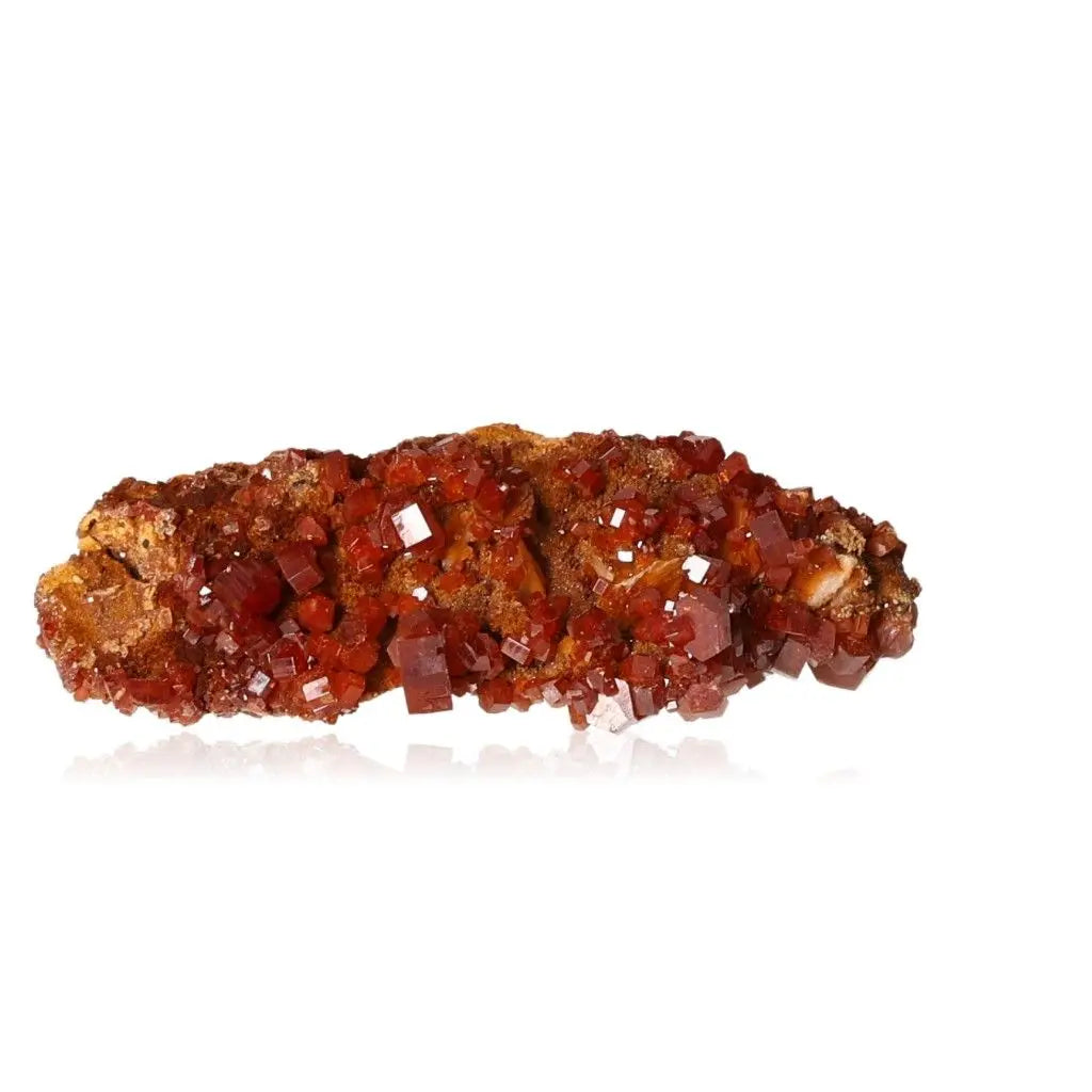 Vanadinite druze showcasing vibrant red-orange crystals, ideal for enhancing focus and creativity in collectors and creatives.