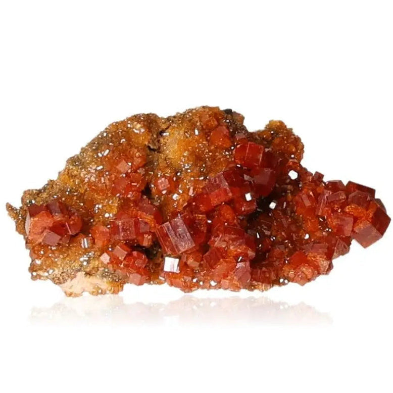 Vanadinite druze crystal with vibrant red-orange hues, ideal for focus and creativity in mineral collections.