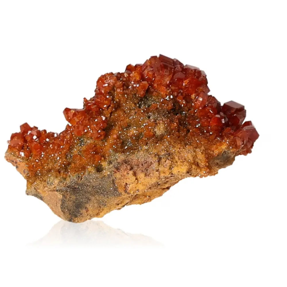 Vibrant red-orange Vanadinite Druze crystal showcasing unique formations, ideal for focus, creativity, and energy enhancement.