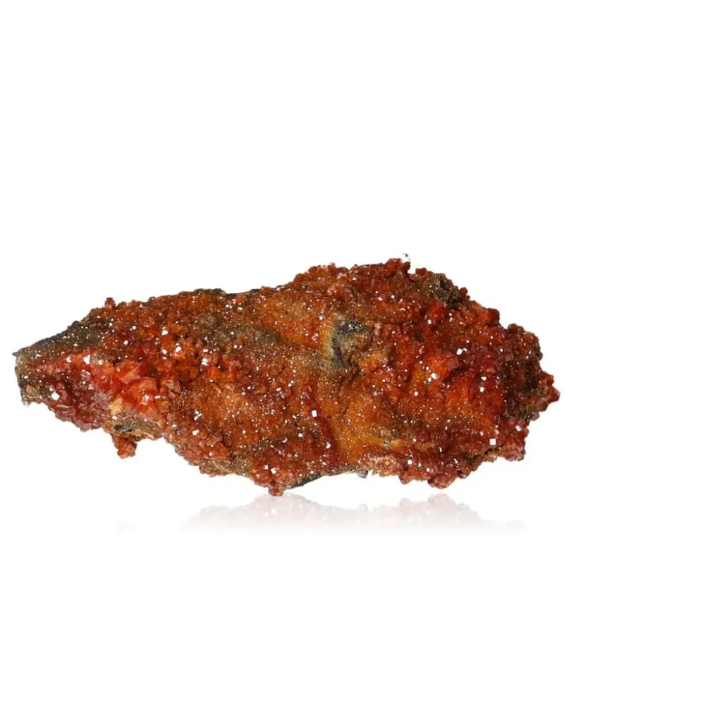 Vibrant Vanadinite druze crystal with fiery red-orange hues, perfect for collectors and creatives seeking focus and grounded energy.