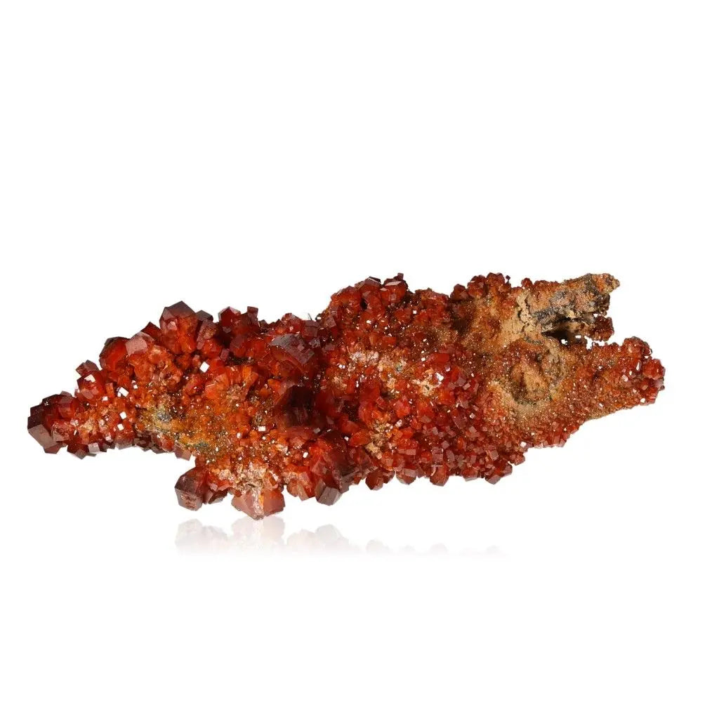Vanadinite Druze mineral with vibrant red-orange crystals enhancing focus and creativity for collectors and creatives.