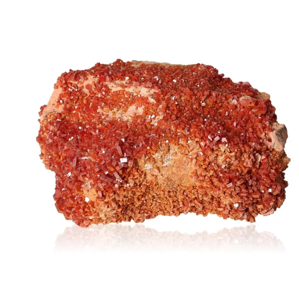 Vibrant red-orange Vanadinite druzy mineral with unique crystal formations, ideal for collectors and creativity enthusiasts.