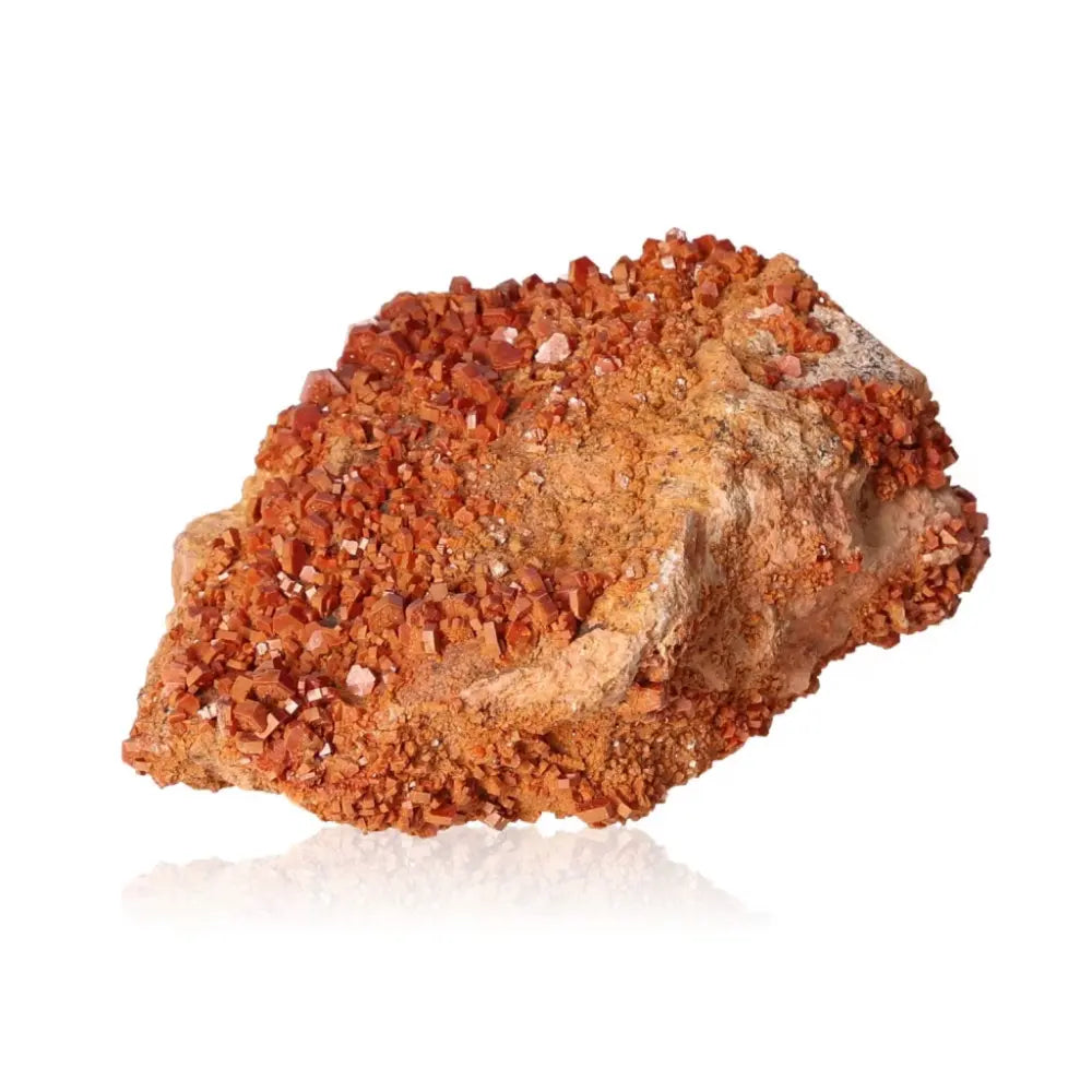 Vibrant red-orange Vanadinite druzy mineral, known for enhancing focus and creativity, perfect for collectors and creatives.