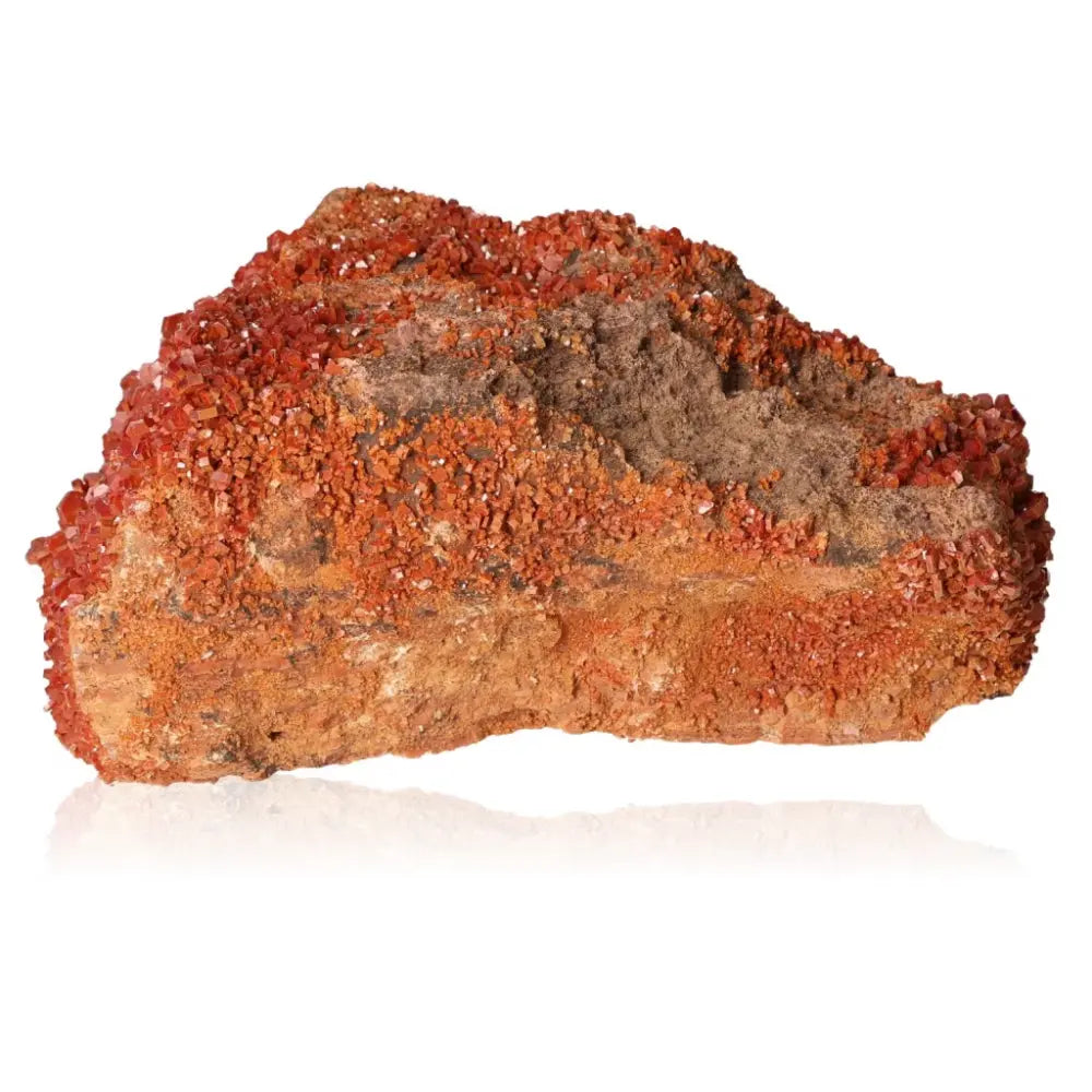 Vanadinite druzy mineral showing vibrant red-orange crystal formations, ideal for collectors seeking focus and creative energy enhancement.
