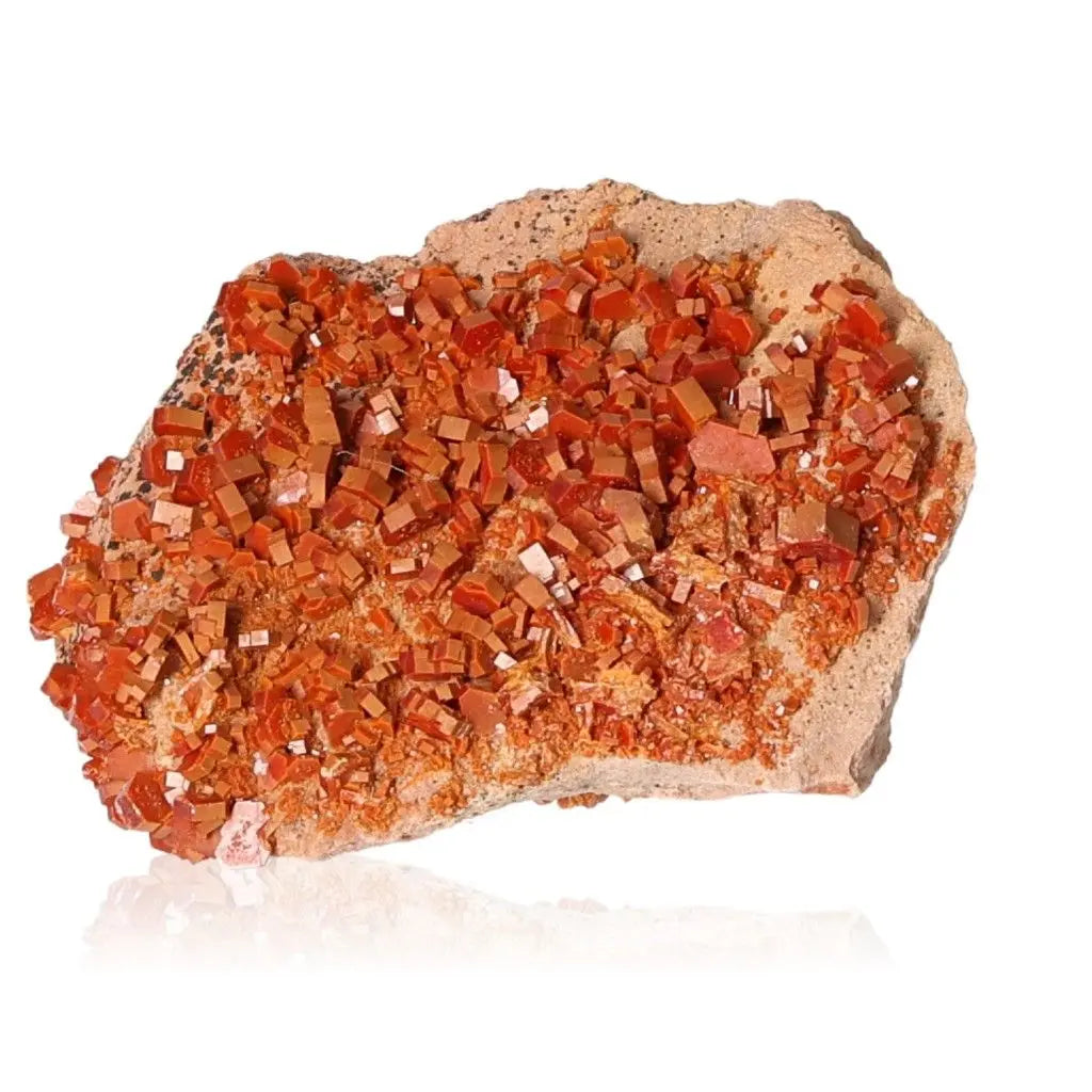 Vanadinite druzy with vibrant red-orange crystal formations for creativity and focus, perfect for collectors and energy seekers.