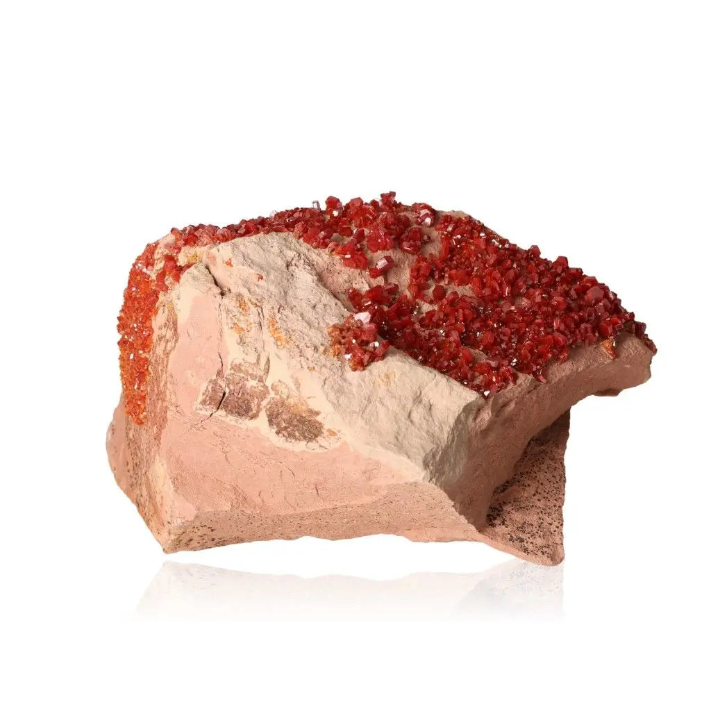 Vanadinite druzes with vibrant red-orange crystal formations on rock, ideal for focus and creativity. Perfect for collectors and creatives.