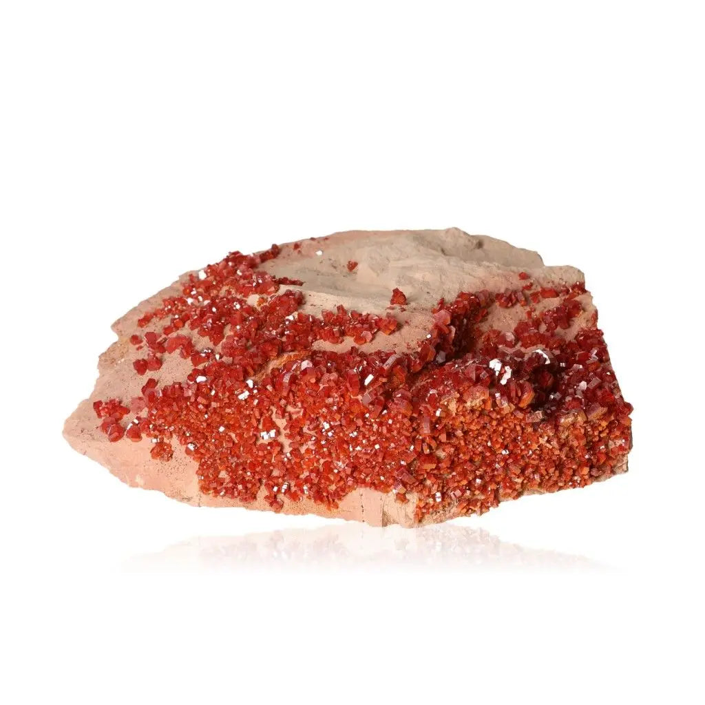 Vibrant red-orange Vanadinite druzes crystal, known for its focus-enhancing properties and unique crystal formations.