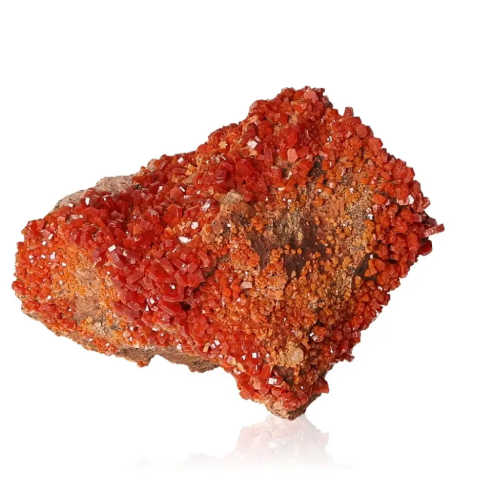 Vibrant Vanadinite Druze with Red-Orange Crystal Formations; Enhances Focus and Creativity; Ideal for Collectors and Meditation Spaces.