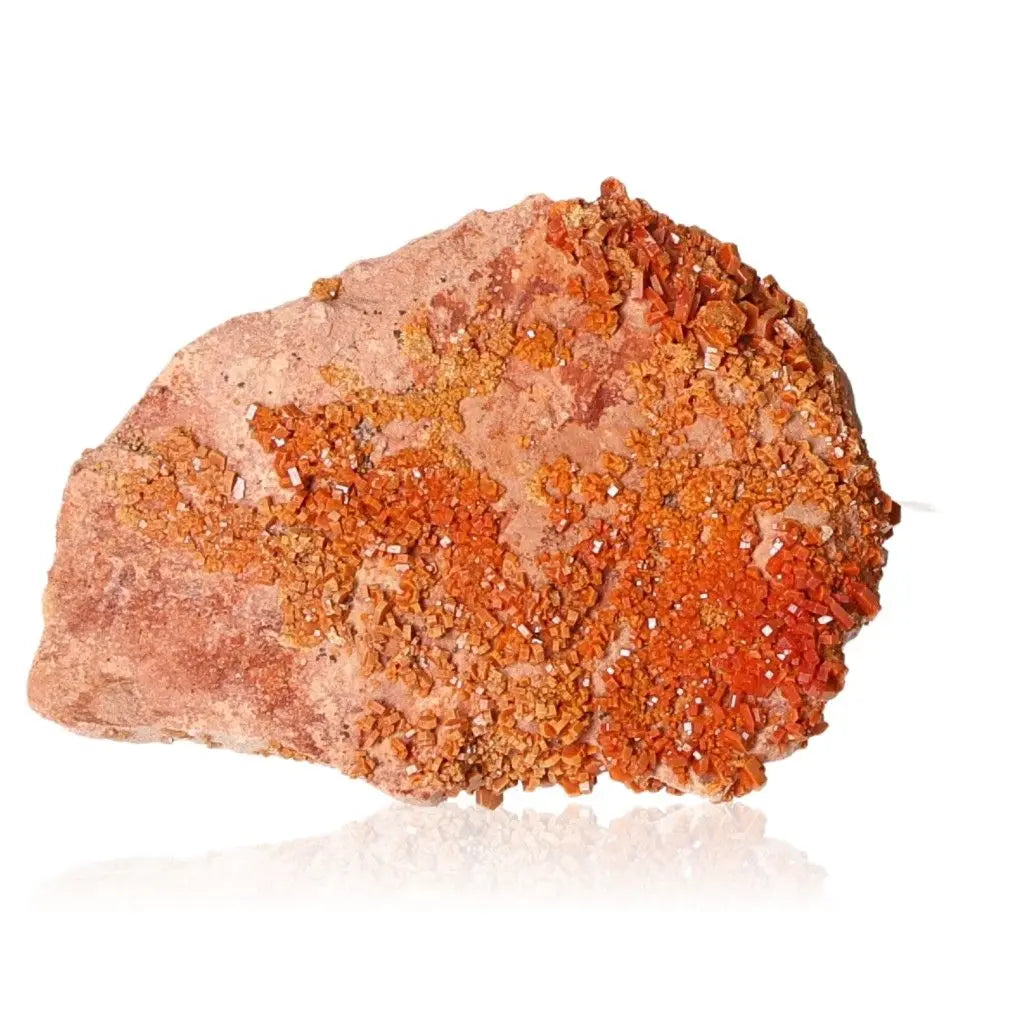 Vibrant vanadinite druzy with fiery red-orange crystal formations, ideal for collectors and enhancing creativity and focus.