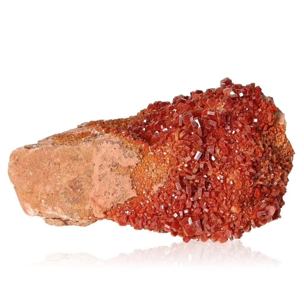 Vibrant red-orange vanadinite druzy with unique crystal formations, ideal for collectors and enhancing focus and creativity.