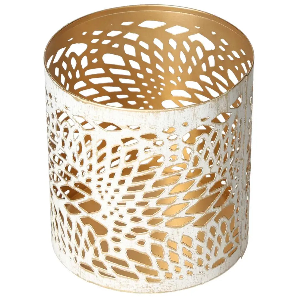 Elegant white metal lantern with intricate cut-out design, crafted by Sylvia Crystals for a serene and soulful ambiance.