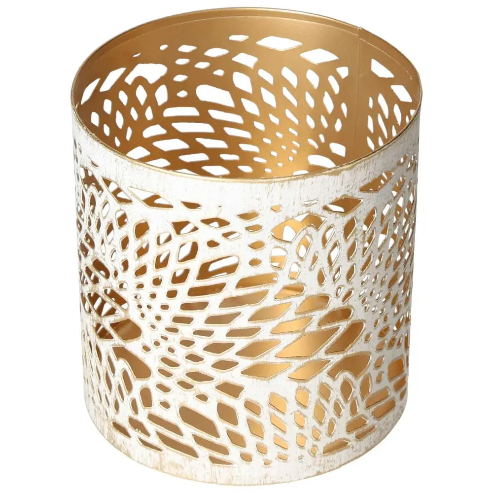 Elegant white metal lantern with intricate cutout design, creating a serene ambiance. Crafted by Sylvia Crystals.